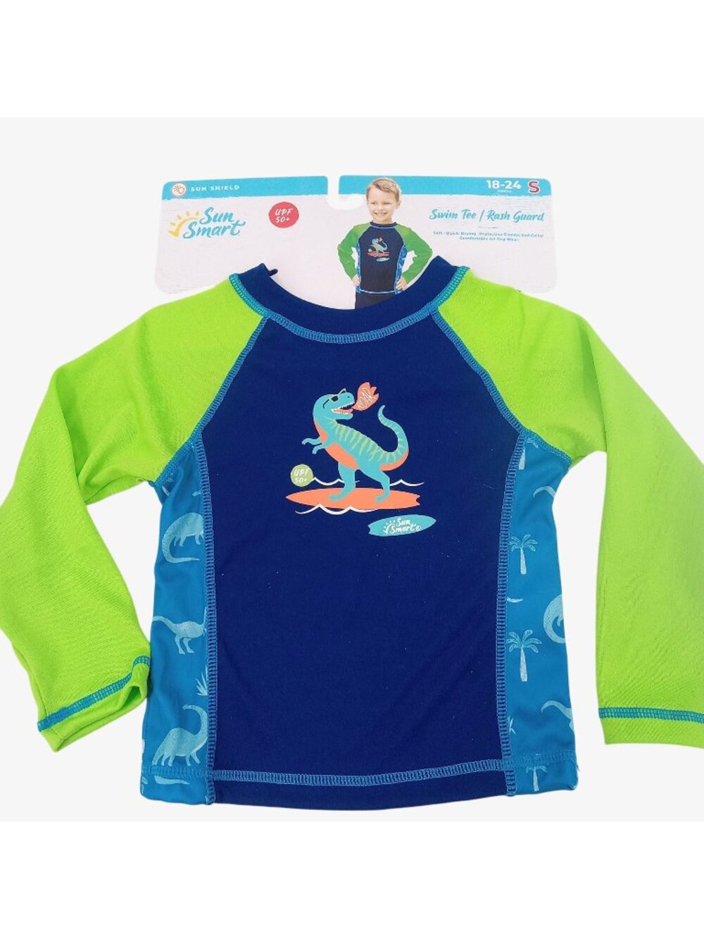 Sun Smart Swim Tee Rash Guard UPF 50 Swimwear Blue Green Dinosaur 18 24 Months